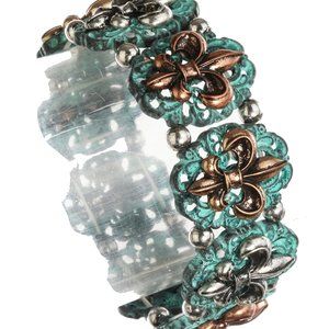 Fleur De Lis Hammered Metal Turquoise Bracelet